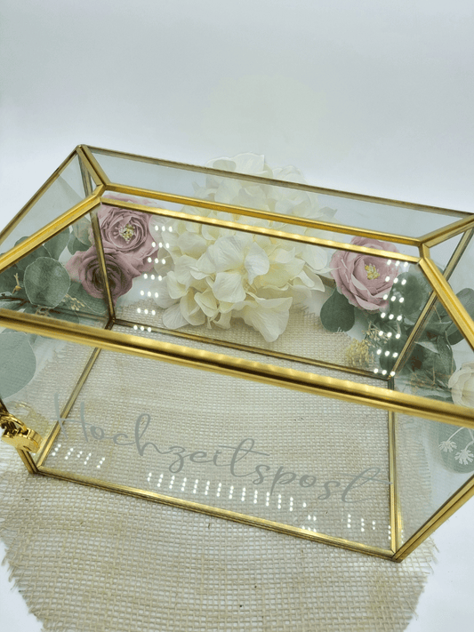 Kartenbox Gold mit weißer Schrift