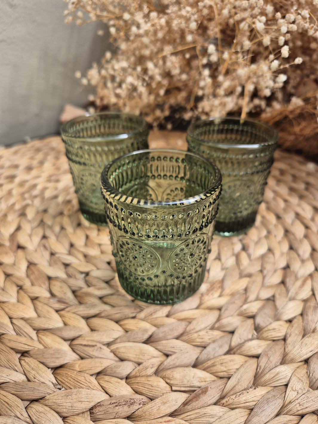 Teelichthalter Grün aus Glas Vintage-Boho-Look Bohemian